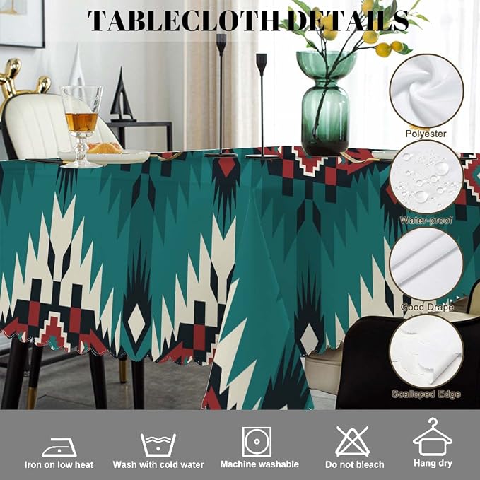 Swono Aztec Pattern Tablecloth Ethnic Native Style Boho Geometric Green Decorative Table Cover for Kitchen, Party Banquet and Holiday Tablecloth, 52x70 Inch(4-6 Seats)