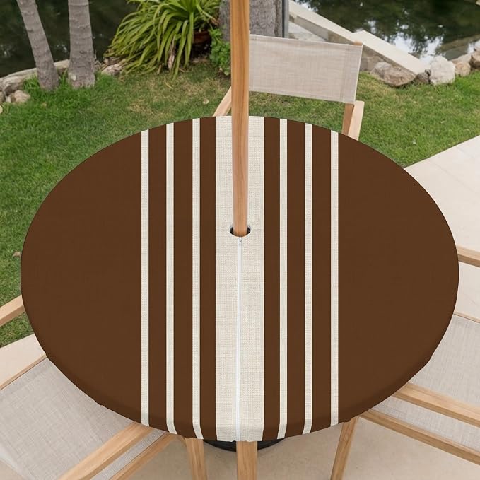 Outdoor Fitted Tablecloth with Umbrella Hole and Zipper, Brown Beige Striped Elastic Round Patio Table Cover, Farmhouse Retro Lines Modern Windproof Table Protector for Backyard BBQ Party 36''-44''
