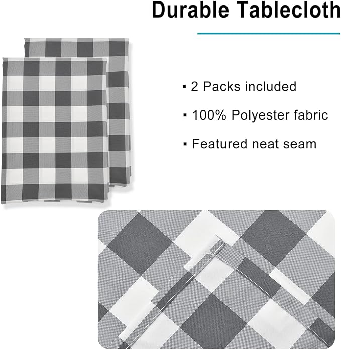 Hiasan Checkered Tablecloth Waterproof, 2 Pack, 60 x 120 inch - Buffalo Plaid Table Cover Rectangle for Outdoor Picnic/Party/Dining, Grey and White Gingham Pattern