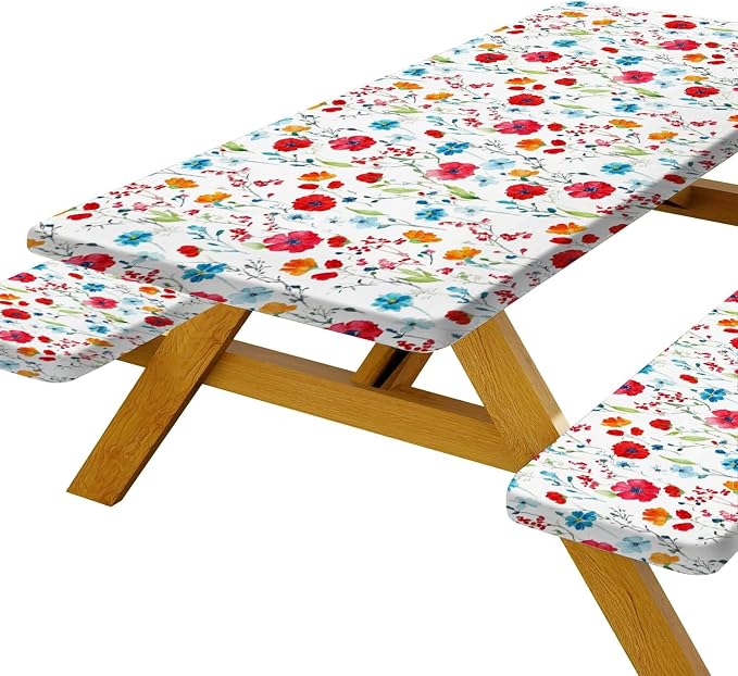 JAWO Picnic Table Cover with Bench Covers, Flowes Boho Floral Camping RV Essentials Gear Supplies Outdoor Waterproof Windproof Tablecloth with Elastic, 72in