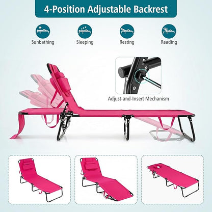 GYMAX Tanning Chair, Folding Lounge Chairs with Face Hole & Cover, Removable Pillow Carry Handle, Portable Compact Outdoor Layout Recliner for Beach, Poolside, Lawn, Patio, Camping (Pink,1)