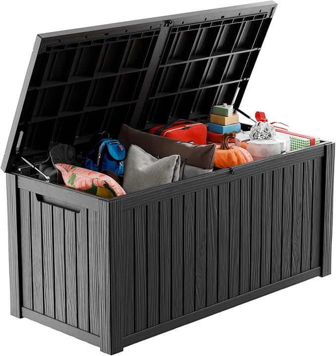 ROJIK 200 Gallon Waterproof Outdoor Deck Storage Box, Lockable Resin Patio Storage Bin with Lid for Garden Tools, Patio Cushions & Outdoor Accessories(Black)