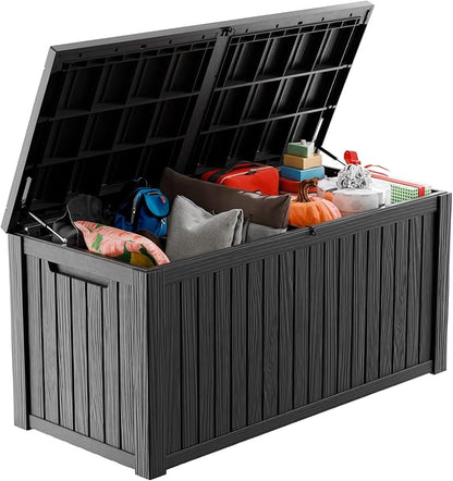 ROJIK 200 Gallon Waterproof Outdoor Deck Storage Box, Lockable Resin Patio Storage Bin with Lid for Garden Tools, Patio Cushions & Outdoor Accessories(Black)