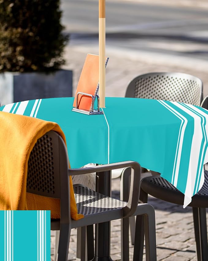 QueenKer Outdoor Tablecloth with Umbrella Hole, Farmhouse Aqua White Stripe Square Tables Waterproof Tabletop Collection for Patio, Garden, Picnic, Camping, Dining 60 x 60 inch