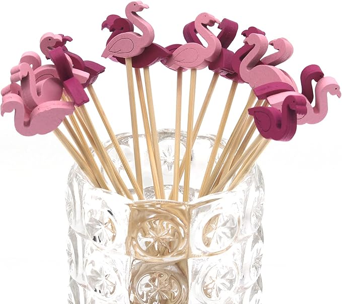 Minisland Pink Red Flamingo Cocktail Picks, 5 Inch Long Bamboo Fancy Toothpicks for Appetizers, Decorative Summer Tropical Hawaiian Party Food Drinks Garnish Fruit Skewer Sticks 100 Counts - MSL175