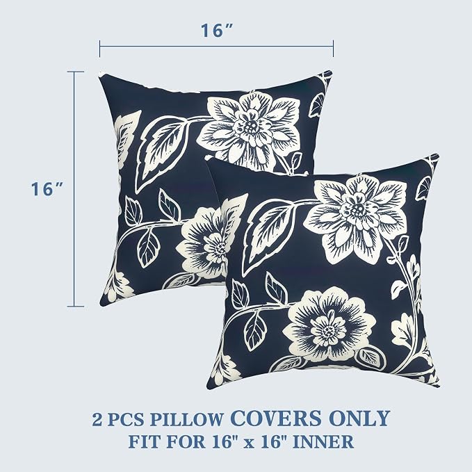 LVTXIII 2 Pack Outdoor Throw Pillow Covers for Patio Furniture, 16x16 Inch Square Pillow Case, Water-Repellent Cushion Covers for Garden, Porch, Sofa, Elegant Vines Navy