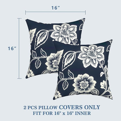 LVTXIII 2 Pack Outdoor Throw Pillow Covers for Patio Furniture, 16x16 Inch Square Pillow Case, Water-Repellent Cushion Covers for Garden, Porch, Sofa, Elegant Vines Navy