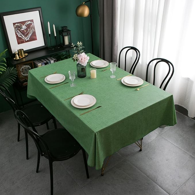 LIBERECOO Vinyl Tablecloth with Flannel Backing, Grass Green, Waterproof, Stain-Resistant, Easy-Clean Table Cover for Holiday, Dining, Kitchen, and Outdoor Use, 60" x 84" Rectangle