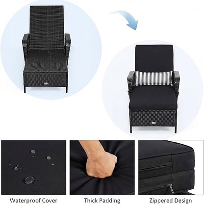 Tangkula Wicker Chaise Lounge Outdoor Set of 2, Patio Rattan Reclining Chaise with 6-Gear Adjustable Backrest, Thick Padded Cushion & Removable Lumbar Pillow, Pool Lounge Chairs (Black)
