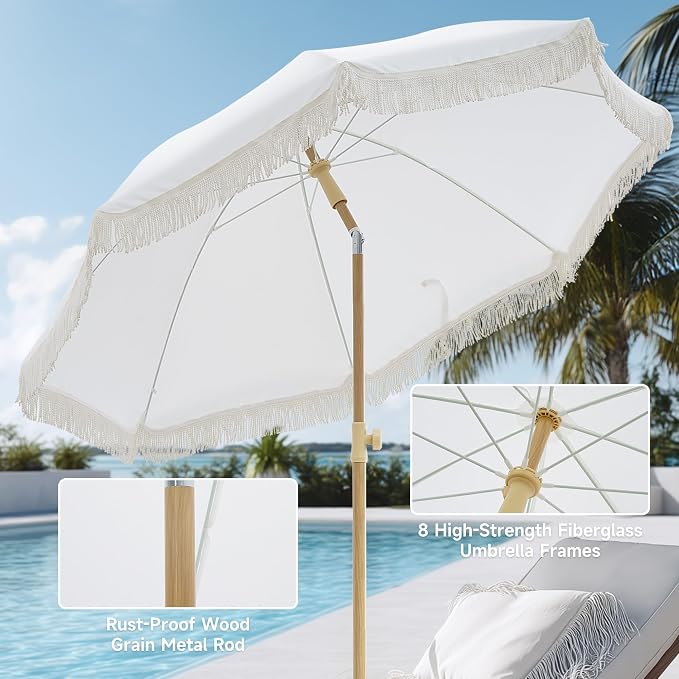 7FT Boho Patio Umberlla with Fringe,UPF50+ Outdoor Umbrella with Fiberglass Ribs and Push Button Tilt,Tassels Umbrella for Beach,Terrace,Picnic