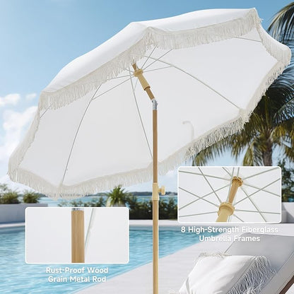 7FT Boho Patio Umberlla with Fringe,UPF50+ Outdoor Umbrella with Fiberglass Ribs and Push Button Tilt,Tassels Umbrella for Beach,Terrace,Picnic