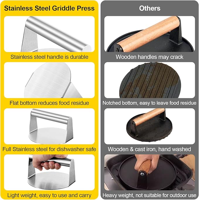 HaSteeL 5.5 Inch Smash Burger Press, Stainless Steel Round Smasher for Flat Top Griddle Grilling Cooking - 2 Pack