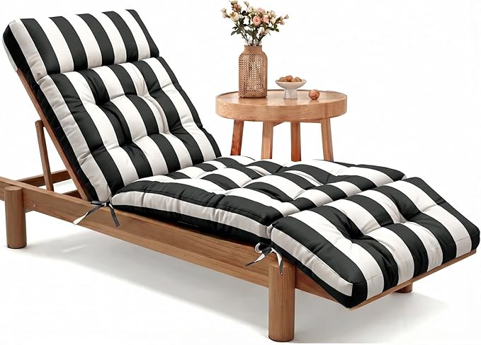 MAGIC ELEPHANT Chaise Lounge Cushion Outdoor, Memory Foam Patio Lounge Chair Cushion with Ties for Indoor Outdoor Furniture, Water-Repellent Replacement Long Chair Cushion (Black Stripe)