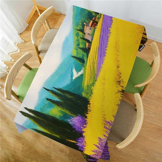 Swono Countryside Rectangle Tablecloth Rural Houses Rye Field Cypress Trees Mountains Table Cloth Dining Table Cover for Home Kitchen Restaurant Party Buffet Picnic, 52x70 Inch