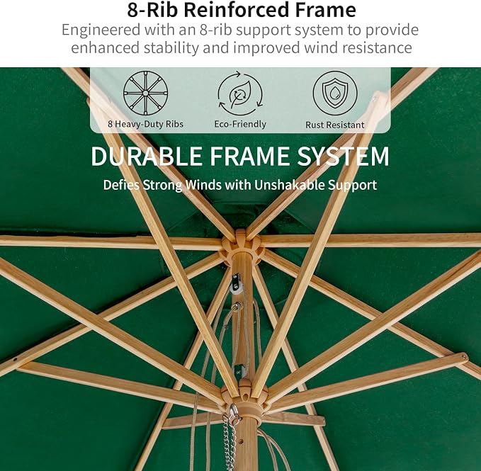 9FT/10FT Wood Patio Umbrella, Large Outdoor Table Pool Umbrella | 205G Olefin/180G Polyester Fabric, Push-Pull Operation Market Umbrella, 8 Rib Vented Canopy, Ideal for Patio, Backyard