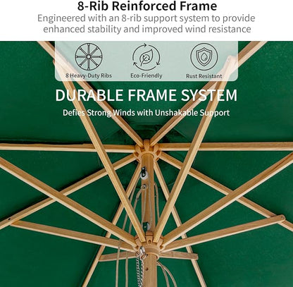 9FT/10FT Wood Patio Umbrella, Large Outdoor Table Pool Umbrella | 205G Olefin/180G Polyester Fabric, Push-Pull Operation Market Umbrella, 8 Rib Vented Canopy, Ideal for Patio, Backyard