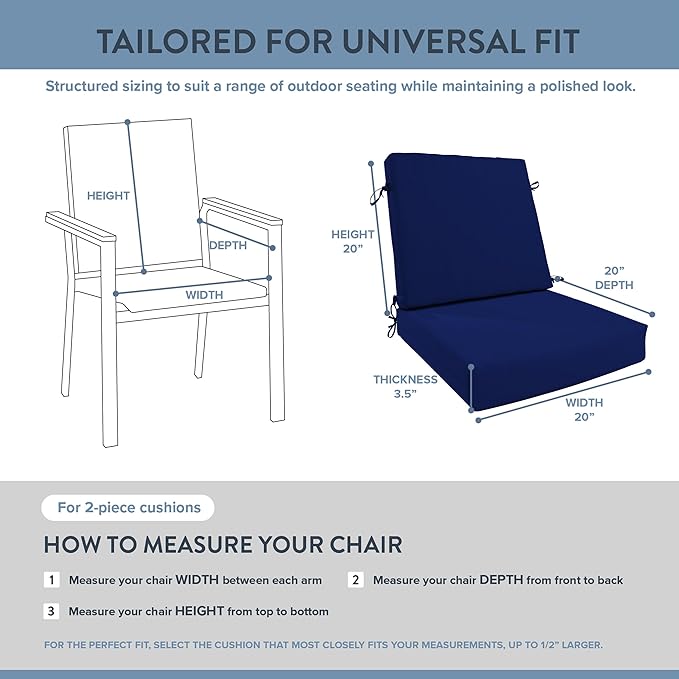 California Umbrella Outdoor Dining Chair, Patio Seat Cushion, 20 x 40 Inch, Premium Outdoor Memory Foam, Fade Resistant Sunbrella Fabric, Fabric Ties,True Blue