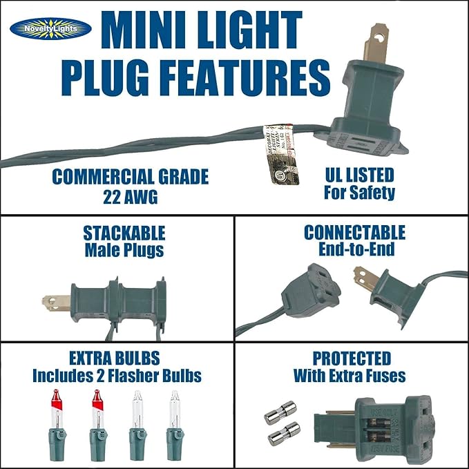 Novelty Lights 50 Feet 100 Bulbs Traditional Incandescent Mini Lights, Blue on Green Wire with 6" Spacing, Commercial Grade and UL Listed for Indoor/Outdoor Use, End-to-End Connectable