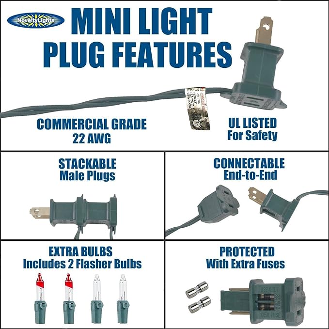 Novelty Lights 50 Feet 100 Bulbs Traditional Incandescent Mini Lights, Clear on Green Wire with 6" Spacing, Commercial Grade and UL Listed for Indoor/Outdoor Use, End-to-End Connectable