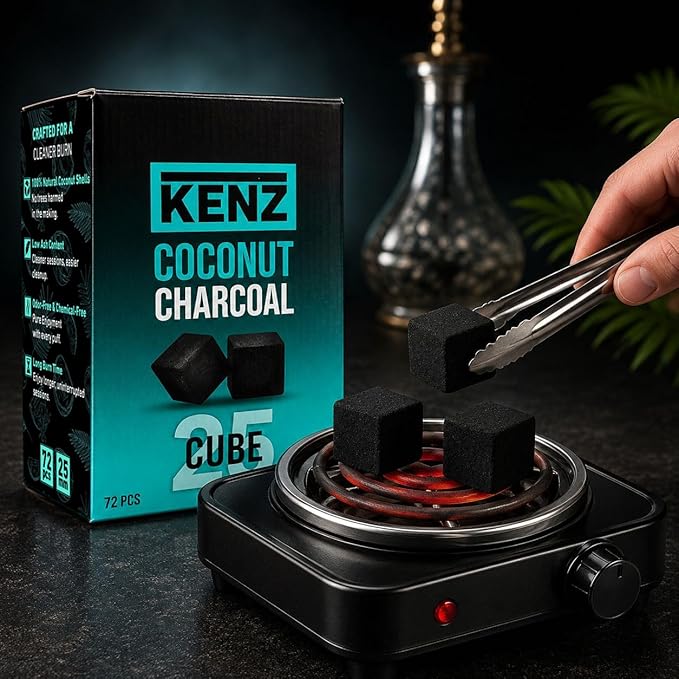 KENZ Coconut Charcoal Cubes 25 mm — 100% Natural, Low Ash, 72 pcs