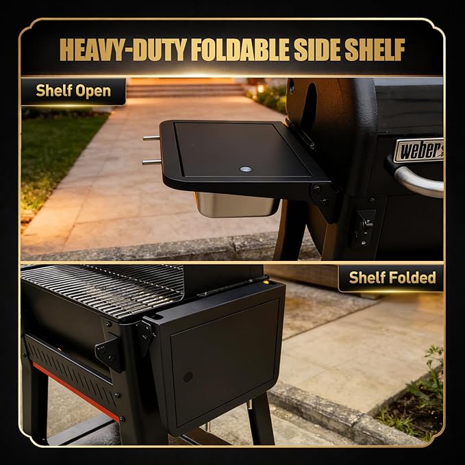 QuliMetal Grill Side Table for Weber Searwood 600 and 600XL, Foldable BBQ Prep Shelf with Cutting Board, Stainless Steel Basin, Lid and 2 Hooks, Side Shelf Grill Accessory