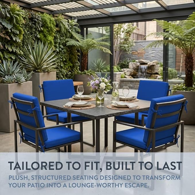 California Umbrella Outdoor Dining Chair, Set of 4 Patio Seat Cushions, 20 x 40 Inch, Premium Outdoor Memory Foam, Fade Resistant, Sunbrella Fabric, Fabric Ties, Pacific Blue