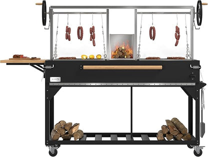 KoolMore 92 in. Charcoal and Wood BBQ Grill, Santa Maria Argentine Style Grill with Dual Adjustable Grate, Heavy Duty, in Black