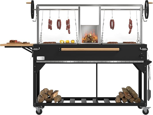 KoolMore 92 in. Charcoal and Wood BBQ Grill, Santa Maria Argentine Style Grill with Dual Adjustable Grate, Heavy Duty, in Black