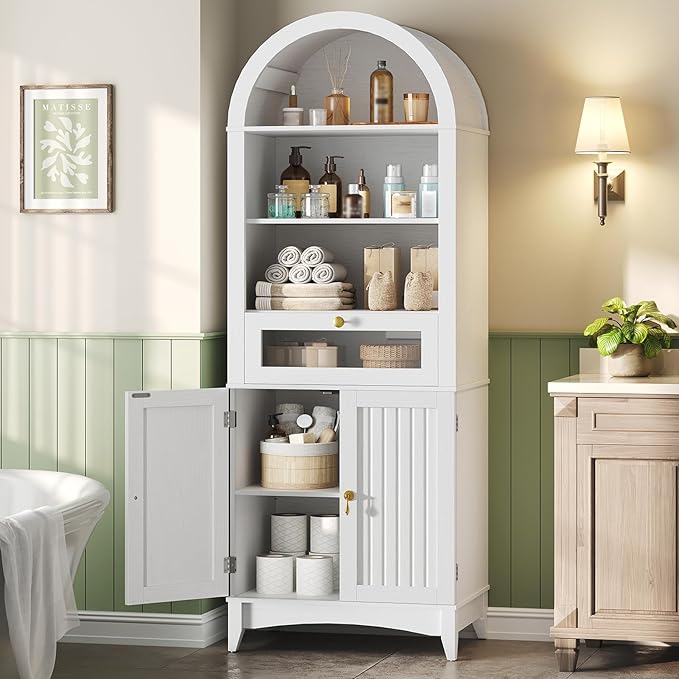 RALGEND 66" Tall Bathroom Cabinet Set of 2, Freestanding Cabinet with Doors & Shelves,Arched Cabinets for Bathroom, Living Room, Kitchen, Laundry, White