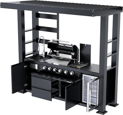 97-Inch 4-Burner 72000 BTU Stainless Steel Propane Gas Grill Outdoor Kitchen Island with Canopy,648Sq.In Cooking Area,Wine Cooler,Refrigerator,Rotisserie,for Backyard BBQ,Black