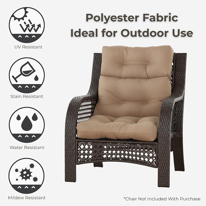 Outdoor Tufted High-Back Chair Cushions, One-Piece Hinged Seat and Back Design, Reversible with 4 Ties, Durable Polyester Fabric, Recycled Fiber Fill - Single, Coronado