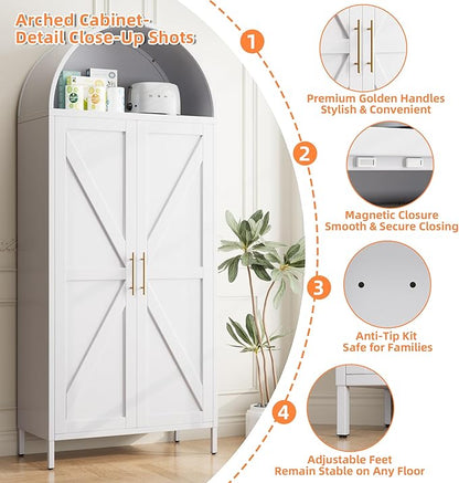 White Metal Arched Pantry Cabinet for Kitchen Storage, Tall 2-Door Cupboard with 6 Adjustable Shelves, Magnetic Closure & Anti-Tip Kit, 15.4" D x 30.7" W x 72.8" H, Assembly Required