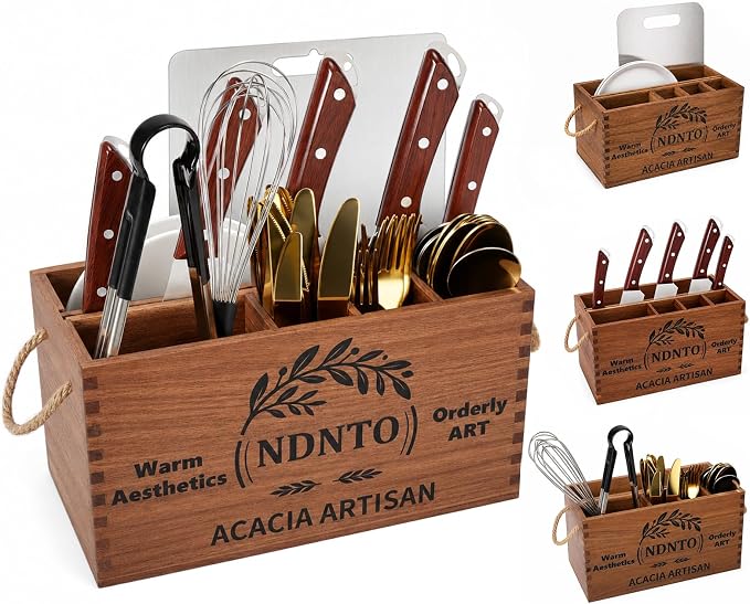 Large Farmhouse Acacia Wood Kitchen Utensil Holder with Knife Block | Kitchen Utensil Holder for Countertop with Cutting Board Storage & Rope Handles for Kitchen Counter, Island & Dining Room