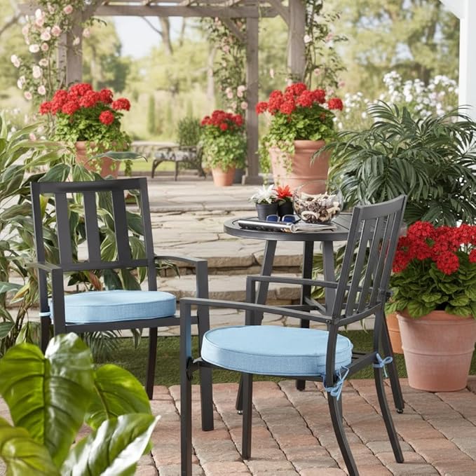 Set of 2 Outdoor 18 inch Round Patio Dining Chair Pads – Comfortable Fiber-Filled Seat Cushions with Ties, Reversible Polyester Fabric - Denim