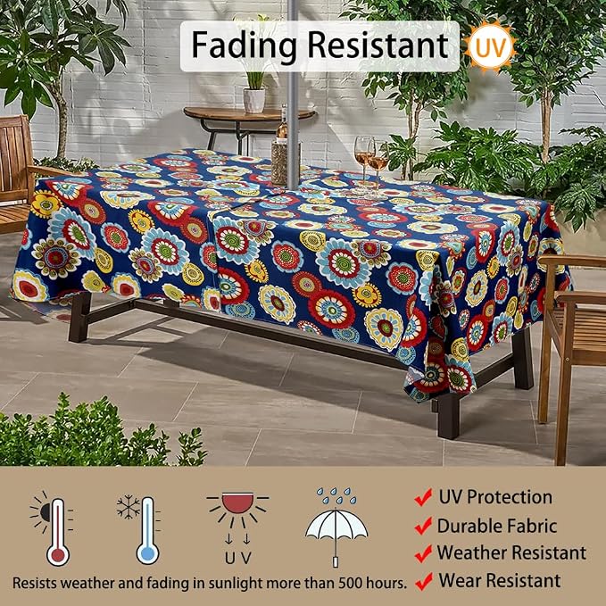 60"x84" Rectangle Tablecloth with Umbrella Hole and Zipper, Washable Waterproof Wrinkle Free Zippered Patio Table Cloths Table Covers for Spring, Party, Backyard, Picnic, BBQS (Floral Navy)