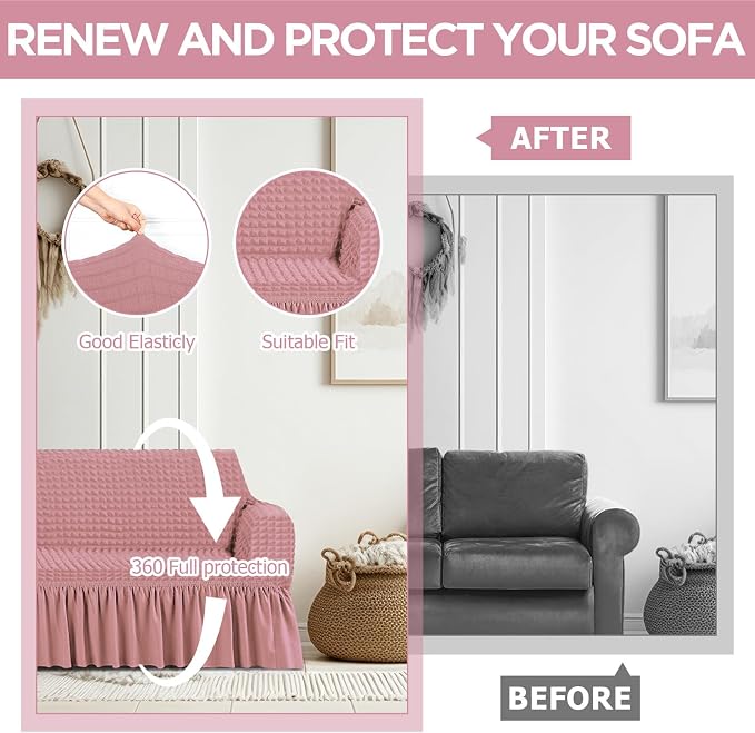 Fanfanwin 3 Pcs Sofa Slipcover Set for Couch Cushion Durable Washable High Elastic Stretchable Furniture Couch Covers with Skirt for Sofa Loveseat Arm Chair(Pink,Seersucker)