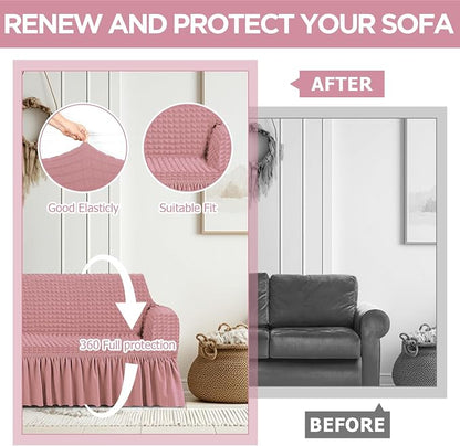 Fanfanwin 3 Pcs Sofa Slipcover Set for Couch Cushion Durable Washable High Elastic Stretchable Furniture Couch Covers with Skirt for Sofa Loveseat Arm Chair(Pink,Seersucker)