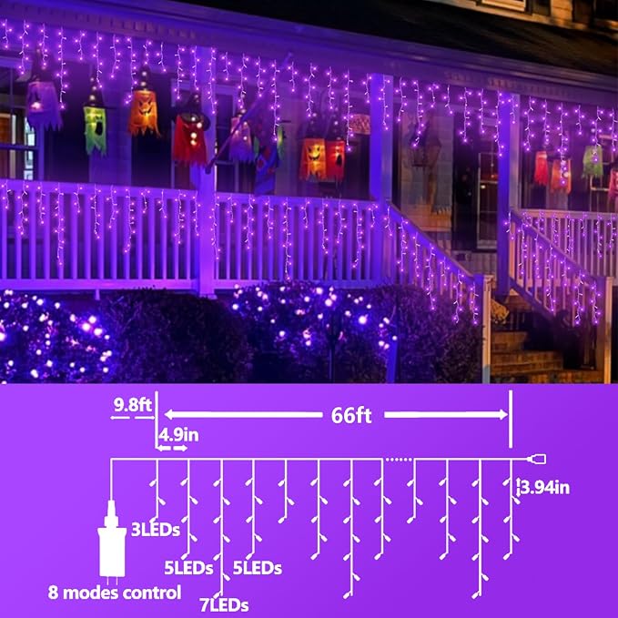 QITONG Purple Halloween Lights, 66ft 800 LED Icicle Lights for Outside Plug in, Clear Wire Connectable String Light Indoor with 8 Modes