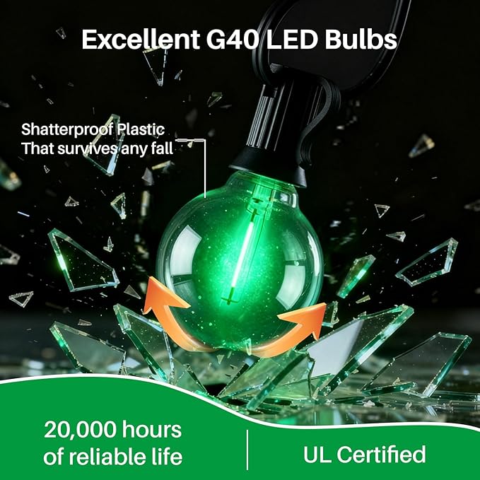 50 FT Green Outdoor String Lights G40 Globe Shatterproof Patio Lights,26 Plastic Edison Bulbs(2 Spare) IP65 Waterproof Dimmable LED Bulbs for Backyard Porch Balcony Party Decor, E12 Base