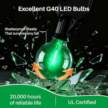 50 FT Green Outdoor String Lights G40 Globe Shatterproof Patio Lights,26 Plastic Edison Bulbs(2 Spare) IP65 Waterproof Dimmable LED Bulbs for Backyard Porch Balcony Party Decor, E12 Base