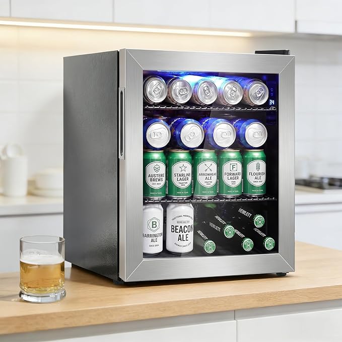 Mini Fridge Cooler - Small Beverage Refrigerator Stainless Steel Glass Door for Soda Beer Wine–Countertop Drink Cooler for Home, Dorm, Office or Bar, Electronic Temperature Control，1.4cu.ft.