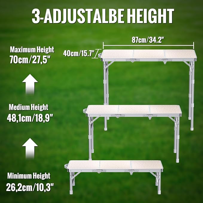 GARLLEN Folding Camping Table with Storage Bag, Max Capacity 66lbs | 3-Height Adjustable Picnic Table with MDF Tabletop, Portable Aluminum Outdoor Table for Camping, Travel, 34.2" L x 15.7" W