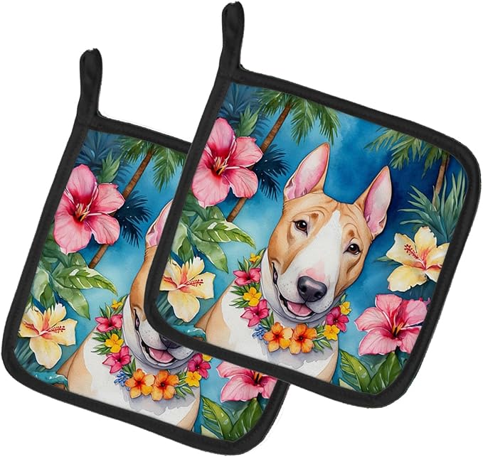 Caroline's Treasures English Bull Terrier Luau Pair of Pot Holders Kitchen Heat Resistant Pot Holders Sets Oven Hot Pads for Cooking Baking BBQ, 7 1/2 x 7 1/2