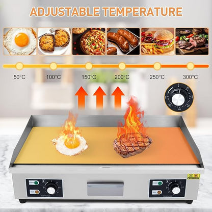 Garvee 29 In Commercial Electric Griddle, Flat Top Grill Countertop Griddle | 3000W 110V Non-Stick Stainless Steel Teppanyaki Grill for Restaurant Kitchen Outdoor BBQ