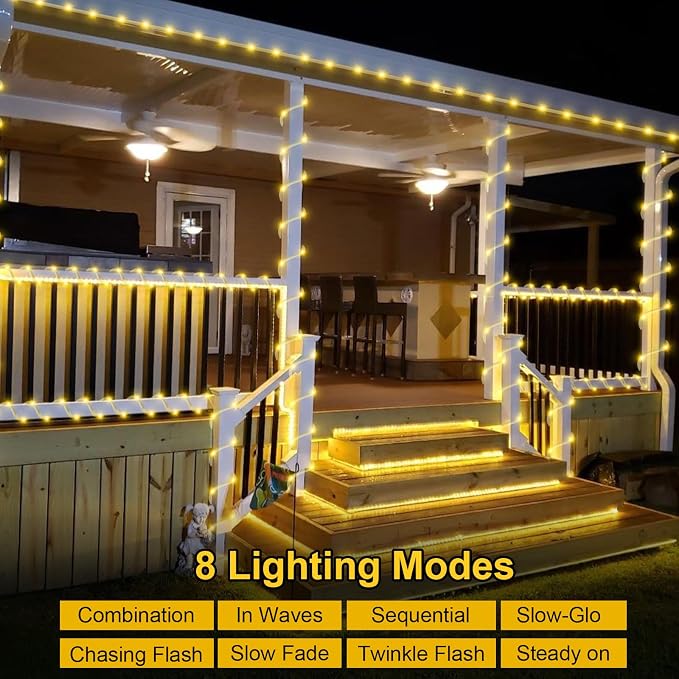 QITONG Warm White Solar Rope Lights, 2 Pack Each 33ft 100 LED String Light Outdoor, 8 Modes Fairy Lights in Clear Thin Tube