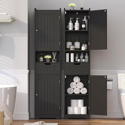 TidyHaven 67" H Tall Bathroom Storage Cabinet, Slim Narrow Organizer with Adjustable Shelves, 2 Doors & 1 Drawer, Freestanding Floor Cabinet for Bathroom, Kitchen, Living Room (Black)