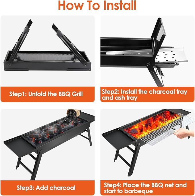 TeqHome Barbecue Charcoal Grill, Stainless Steel Folding Portable BBQ Grill with 2 Side Tray, Foldable Tabletop Grill for Outdoor Cooking Picnics Camping Hiking Tailgating Backpacking Party Backyard