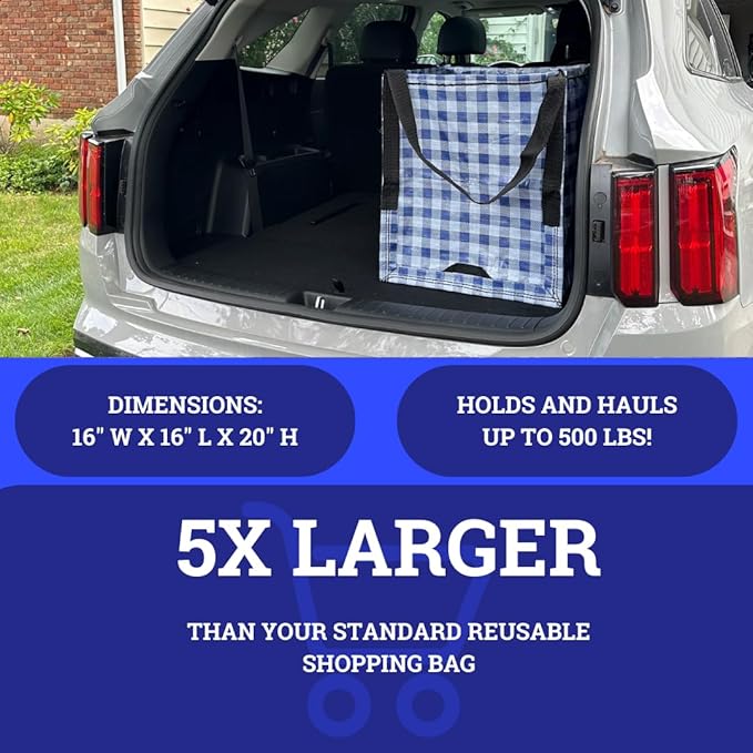 DURASACK Heavy Duty Storage Tote Bag 22-Gallon, Gingham Blue, Pack of 4 | Rugged Woven Polypropylene Moving Bag, Reusable Self-Standing Design, Holds up to 500 Pounds