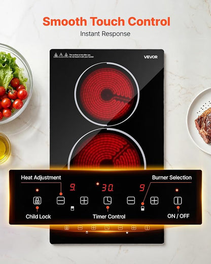 VEVOR Electric Cooktop 12inch 2 Burners Stove Top 3000W 220V No Plug, Ceramic Built-in Radiant Electric Stove, with 9 Power Levels, Timer, Child Lock, Over-Heat Guard, Touch Control
