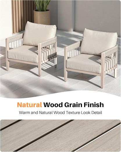 Patio Sofa Chairs Set of 2, Never-Rust Aluminum Outdoor Armchairs with Faux Wood Grain Finish, 2 Pieces Rope Weave Outdoor Sofa Chairs with Removable Cushions for Garden, Backyard, Deck